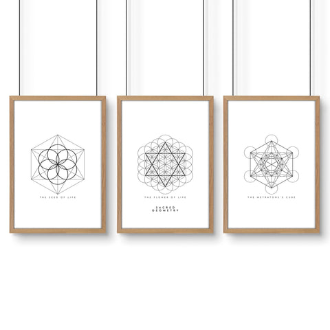 Bedrooms Black And White | Set of 3 Sacred Geometry Wall art Prints