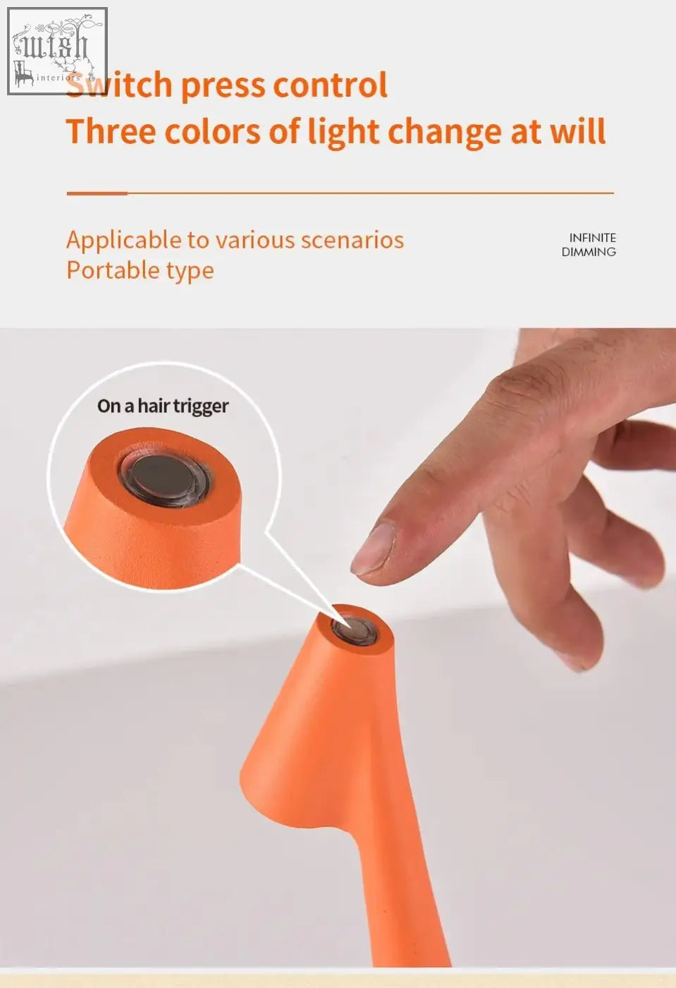 Orange plastic hair trigger with circular switch on top for minimal space table lamp in bedrooms and living rooms