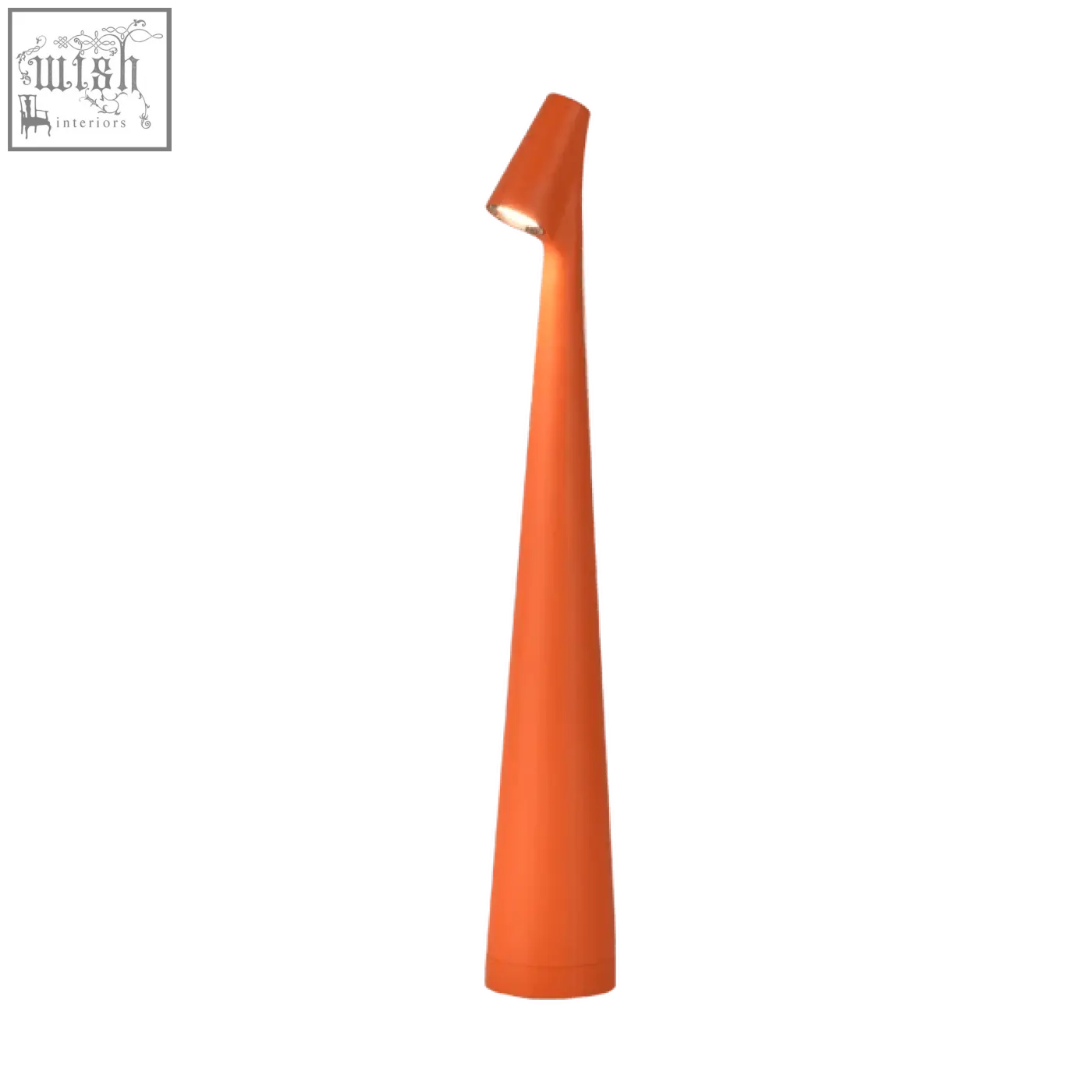 Orange conical table lamp with integrated spotlight perfect for minimal space in bedrooms and living rooms