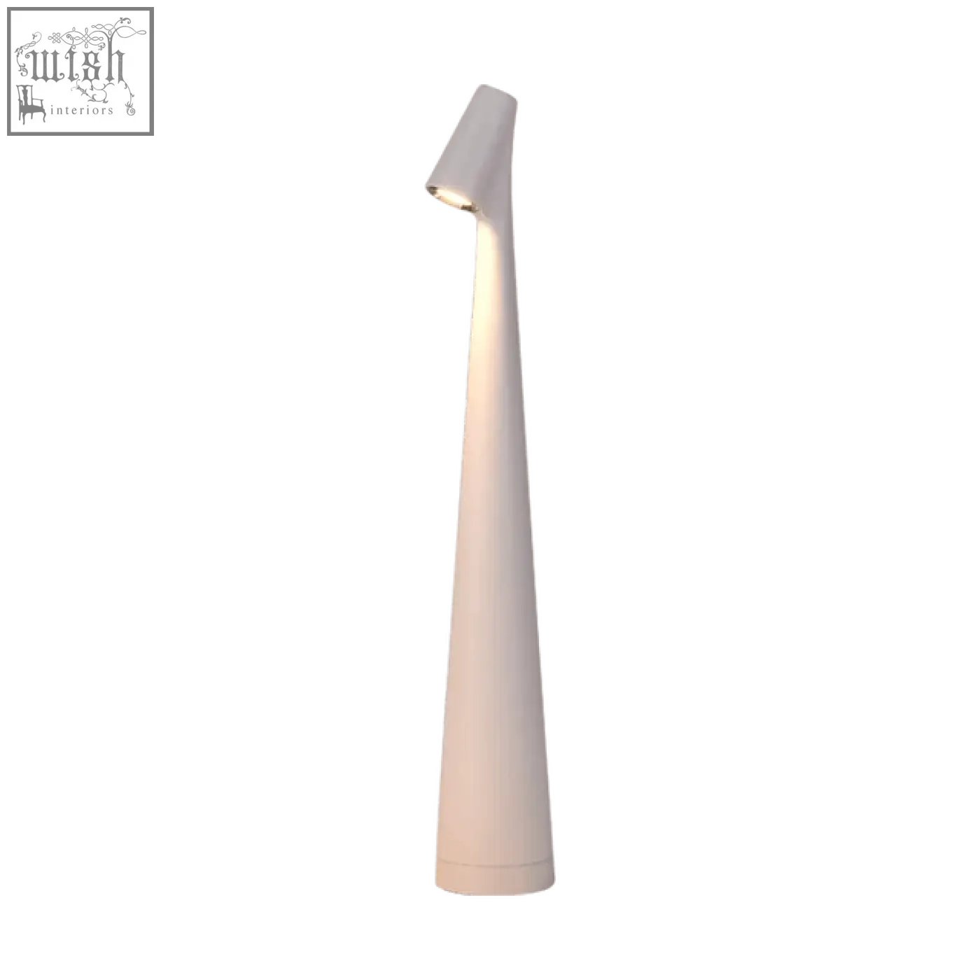 A sleek modern white table lamp with a tapered conical shade perfect for bedrooms and living rooms minimal space