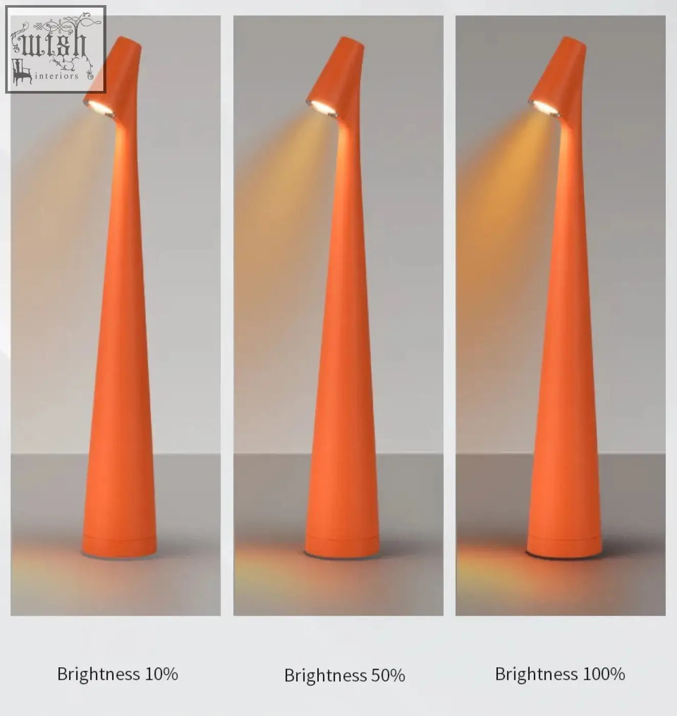 Vibrant orange conical table lamp with modern design and adjustable brightness perfect for living rooms and bedrooms