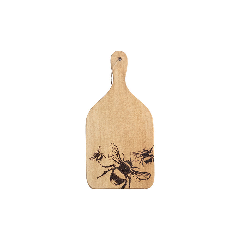 Light-colored beech hanging paddle small with hand-carved handle and black bee engravings on wood surface