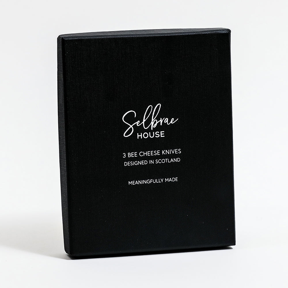 Black textured gift box for selfrae house bee cheese knives set of 3 designed in Scotland for cheese board use