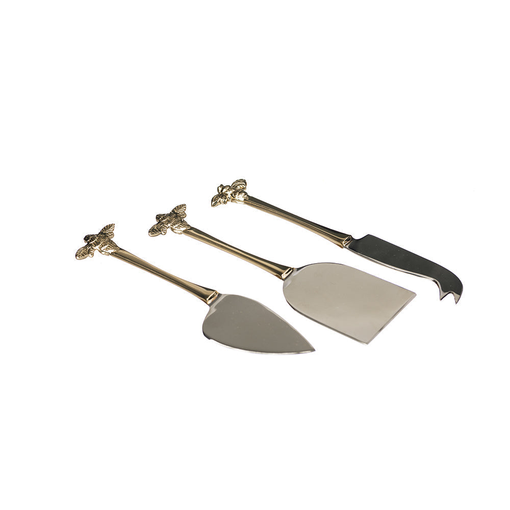 Set of three metallic cheese knives with golden bee handles and stainless steel blades for cheese board gift box