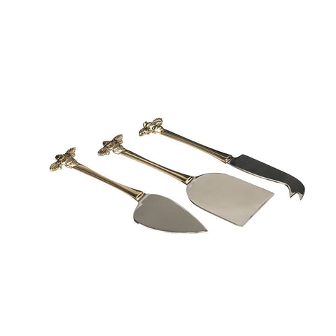 Set of three metallic cheese knives with golden bee handles and stainless steel blades for cheese board gift box