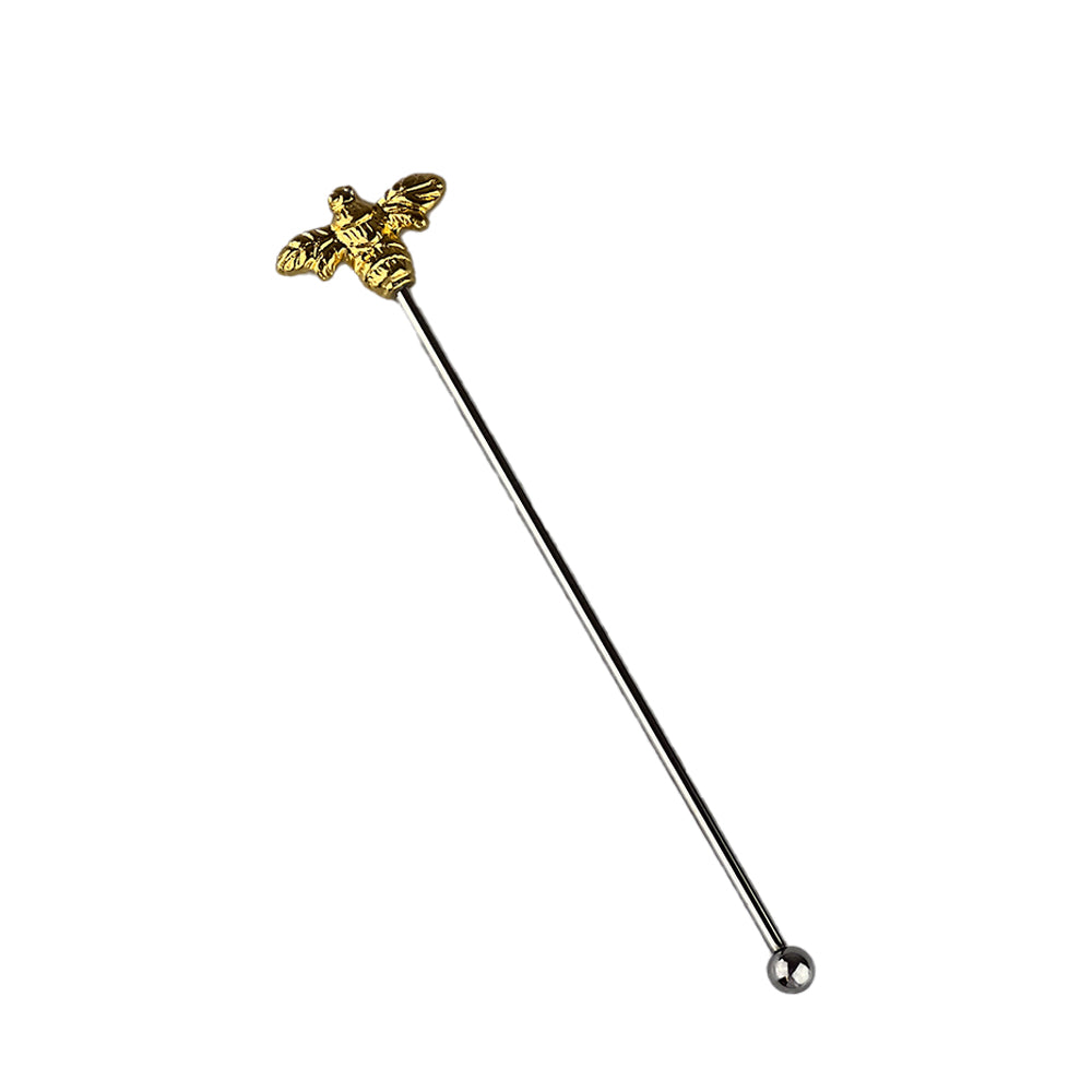 Gold bee-shaped drinks stirrer with polished metal rod and rounded ball end for stylish cocktail mixing