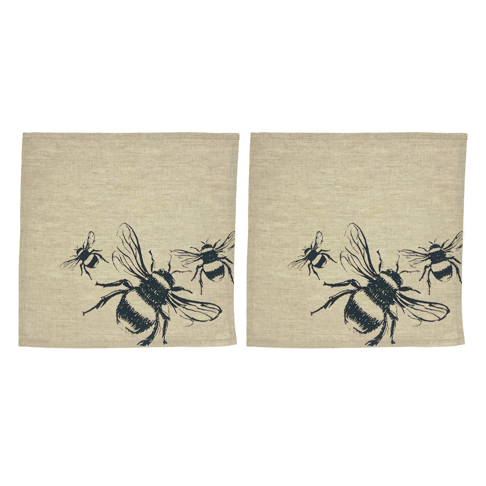 Beige linen napkins set of 2 with black embroidered bee designs perfect for stylish table settings