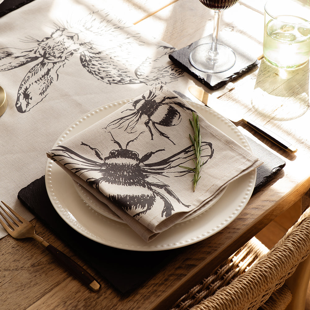Beige linen napkins set of 2 with black inked bee illustrations perfect for casual dining and picnics
