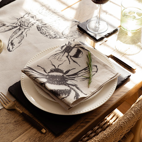 Beige linen napkins set of 2 with black inked bee illustrations perfect for casual dining or gifts