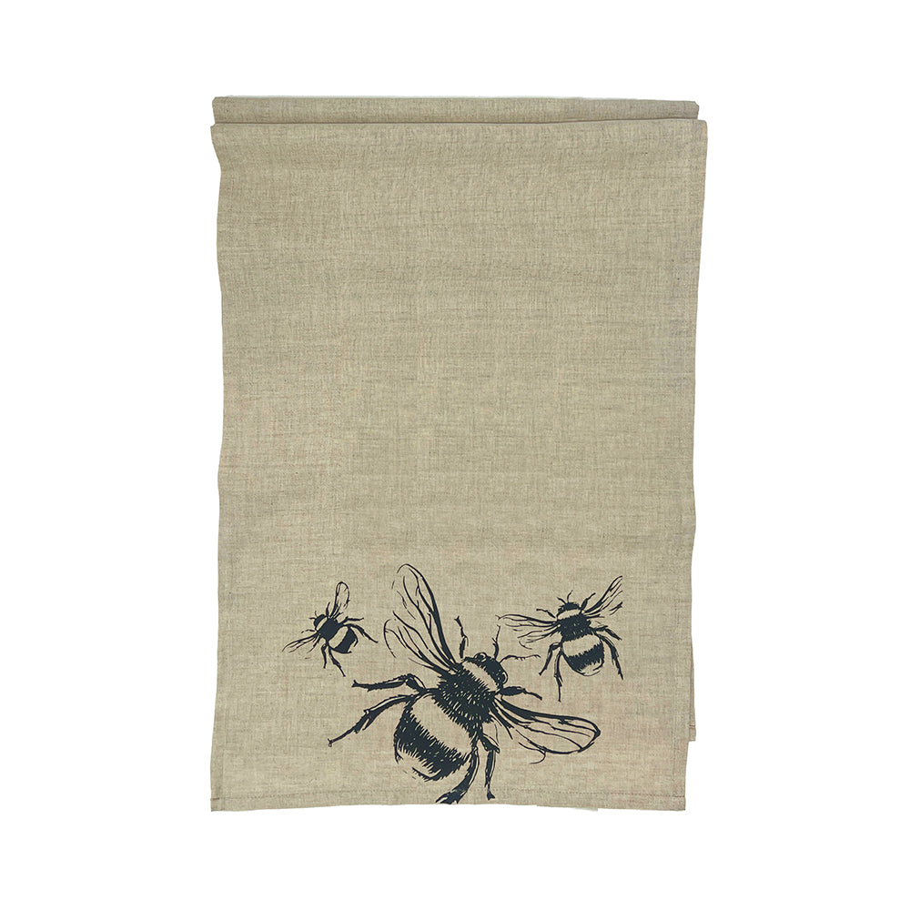 Beige linen table runner with black embroidered bee design perfect as a stylish linen table accent