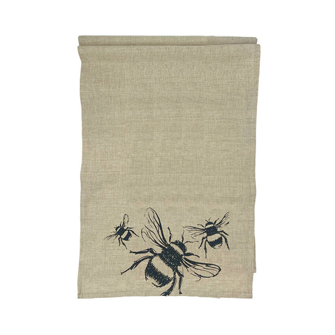 Beige linen table runner with black embroidered bee design perfect as a stylish linen table accent