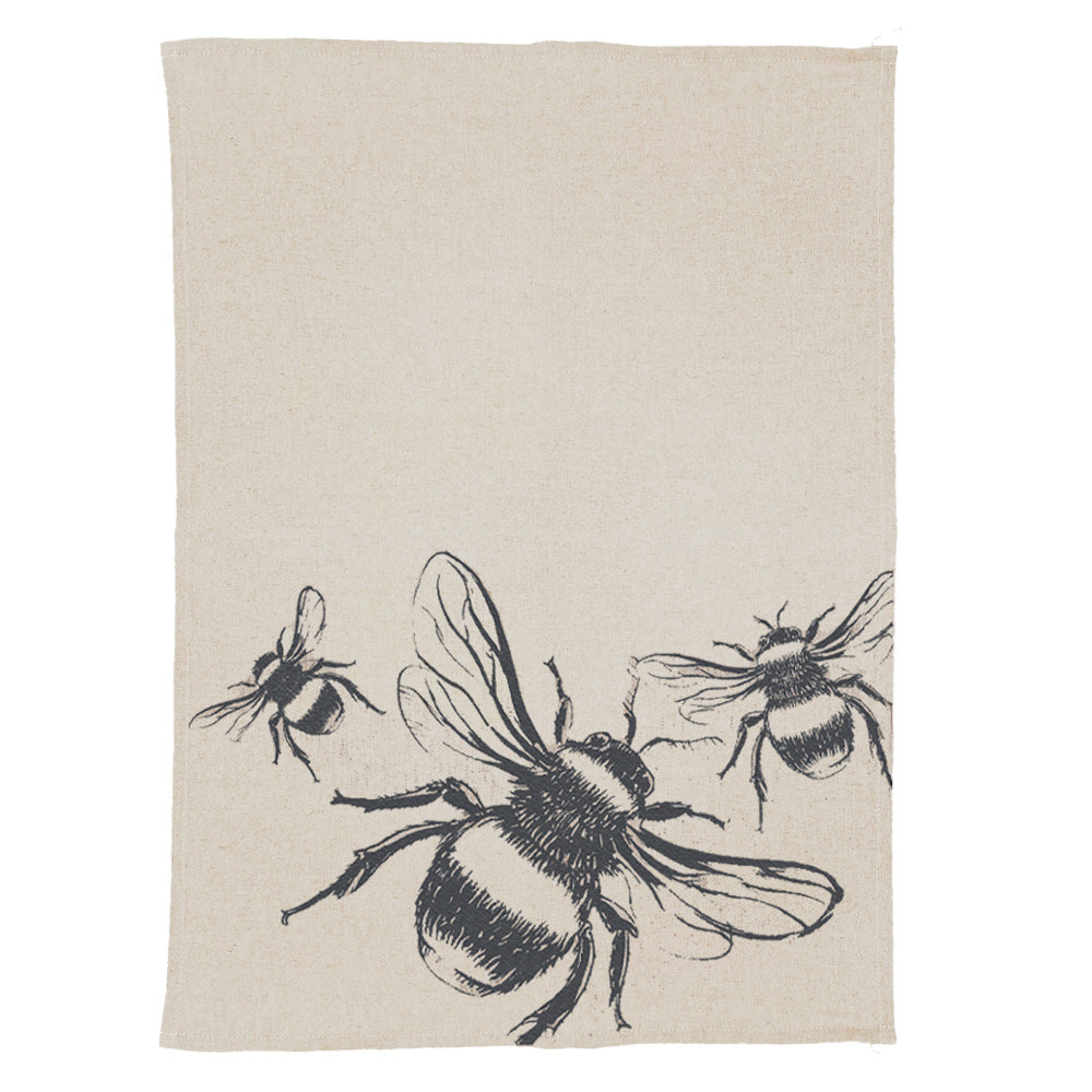Beige linen tea towel with black ink illustration of three bees perfect for kitchen use