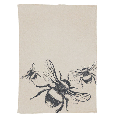 Beige linen tea towel with black ink illustration of three bees perfect for kitchen use