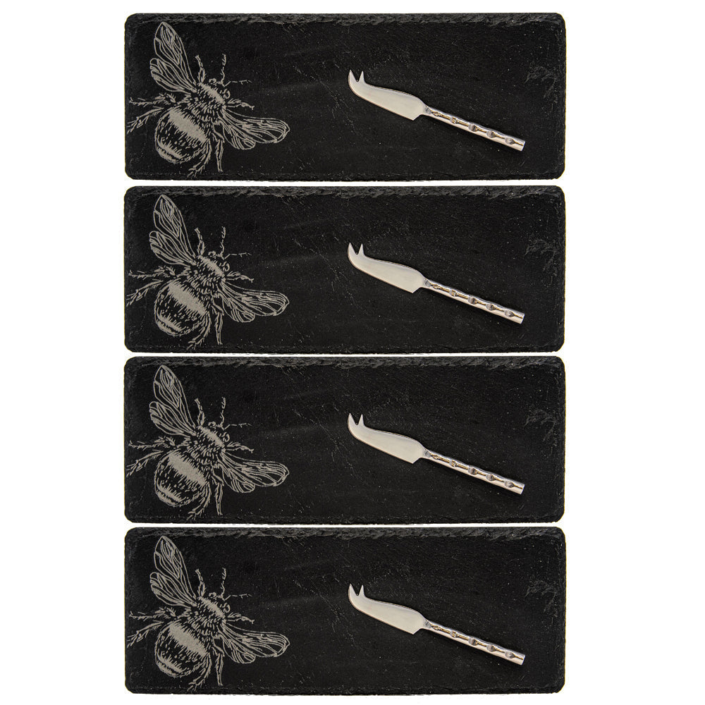 Set of 4 black mini slate cheese boards engraved with bees paired with silver bamboo handle knives for serving cheese