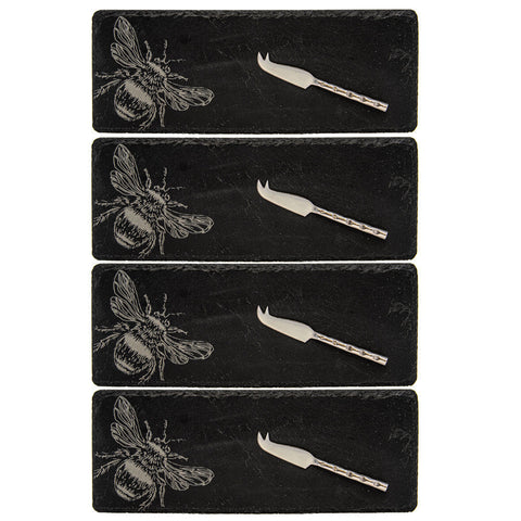 Set of 4 black mini slate cheese boards engraved with bees paired with silver bamboo handle knives for serving cheese