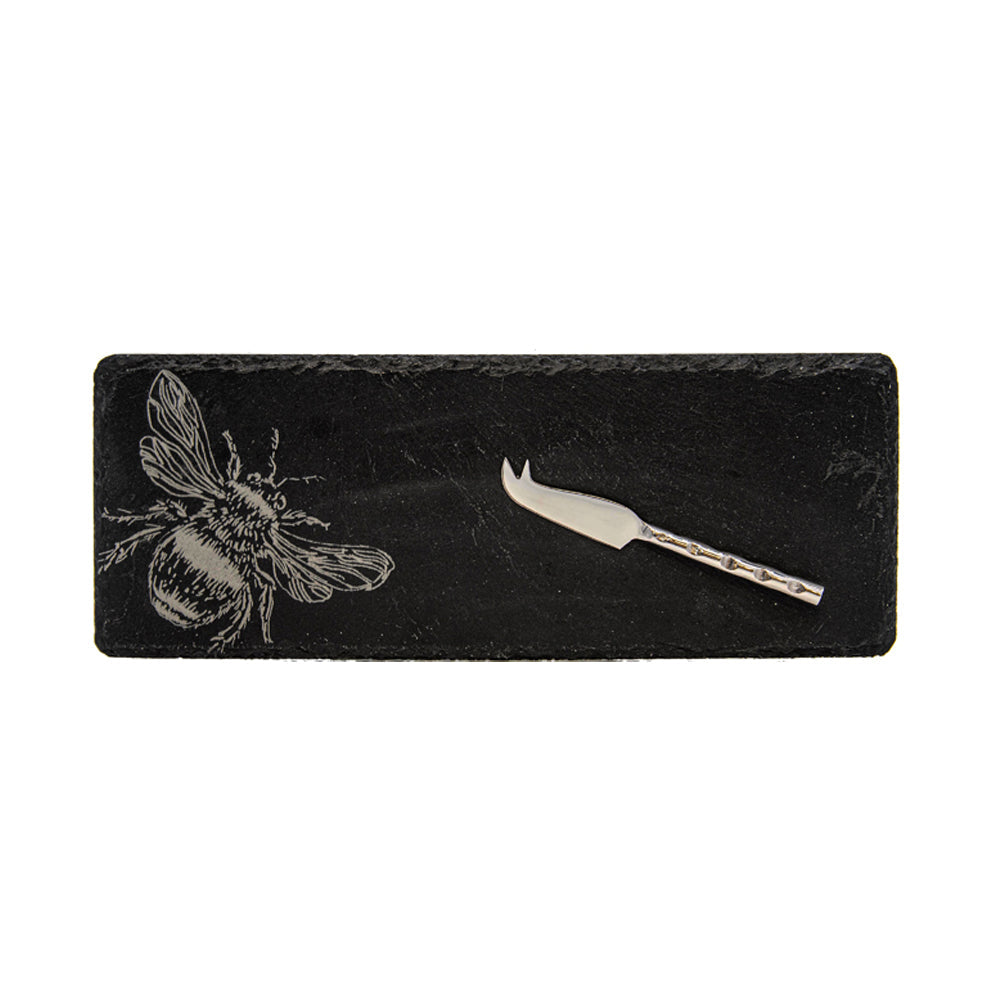 Black mini slate cheese board with engraved bee design and silver cheese knife in bee single mini slate cheese set