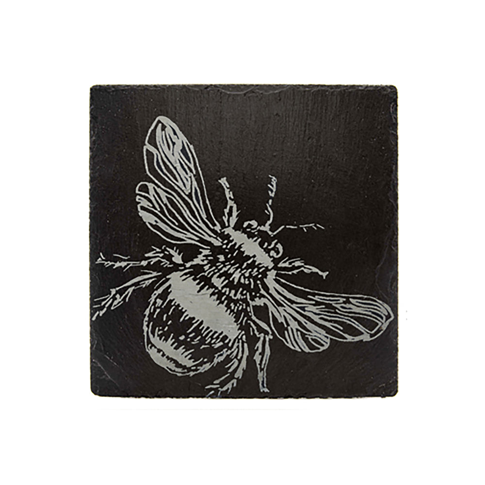 Black slate single slate coaster with a white etched bee illustration perfect as a slate coaster for drinks