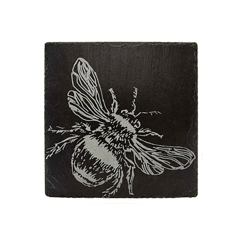 Black slate single slate coaster with a white etched bee illustration perfect as a slate coaster for drinks