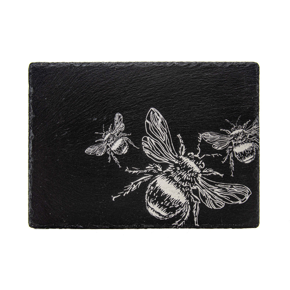 Black slate cheese board with white engraved bee design perfect for bee slate cheese serving and decor
