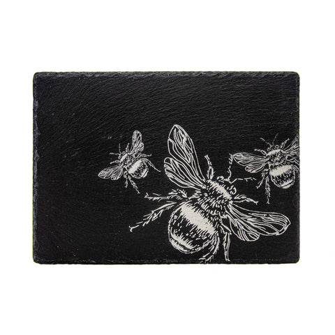 Black slate cheese board with white engraved bee design perfect for bee slate cheese serving and decor
