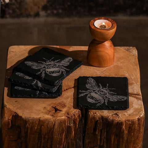 Black slate coasters with engraved white bee designs set of 4 perfect for stylish drink protection