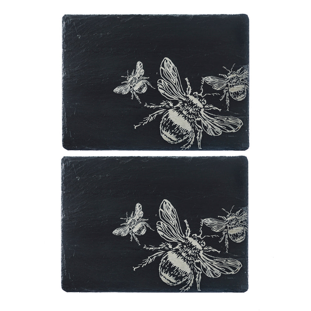 Black slate place mats set of 2 with intricate white etched bee illustrations perfect for stylish slate place settings