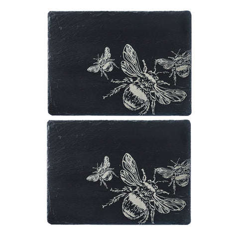 Black slate place mats set of 2 with intricate white etched bee illustrations perfect for stylish slate place settings