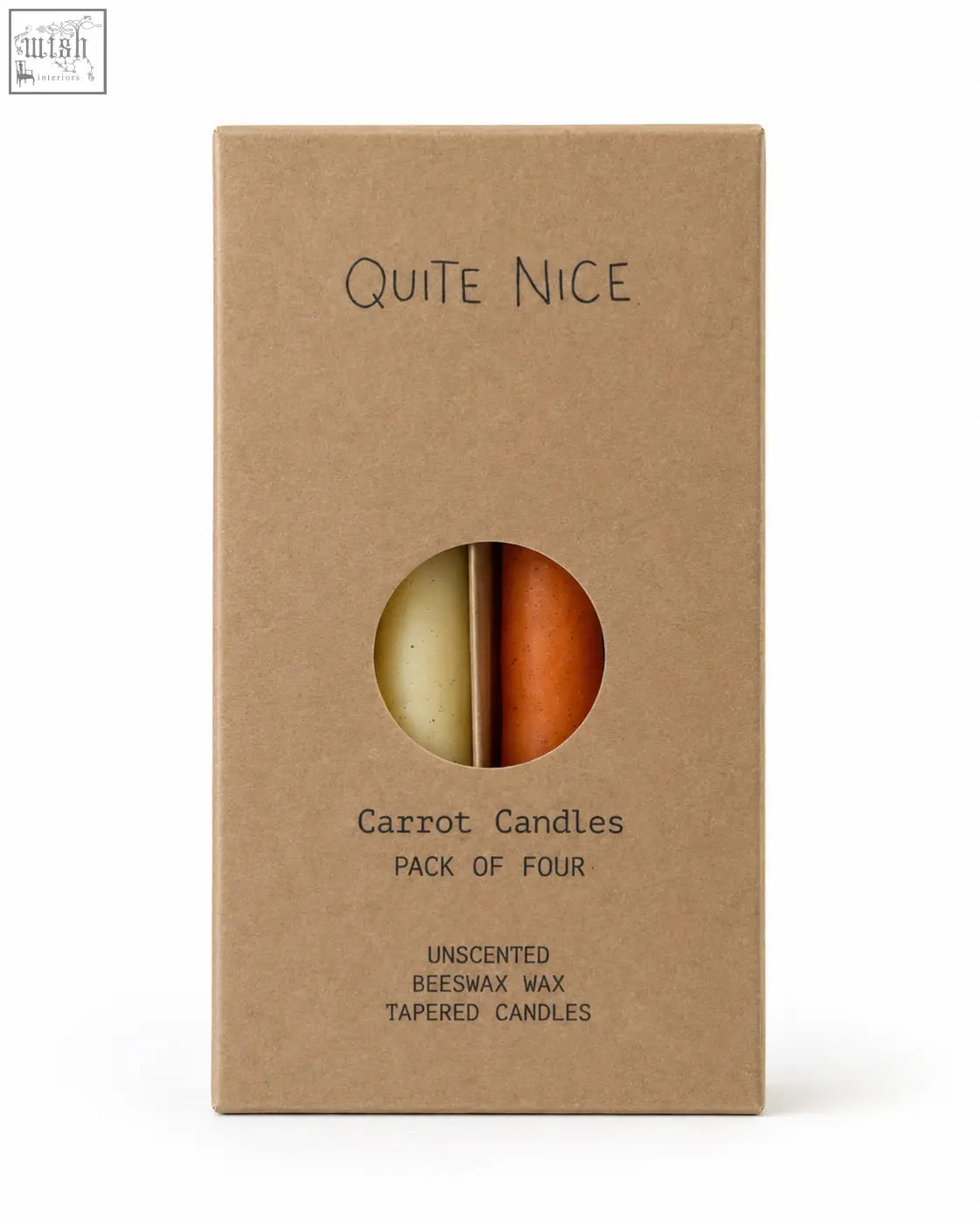 A pack of four unscented beeswax rainbow carrot stick taper candles in cream and orange in a quite nice box