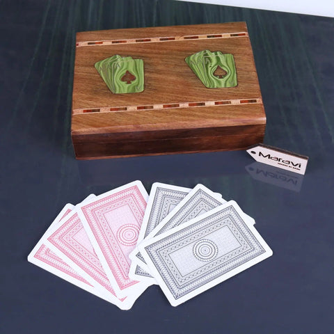 Begunia double wooden playing card box with green spade inlays and pink black and white patterned cards fan