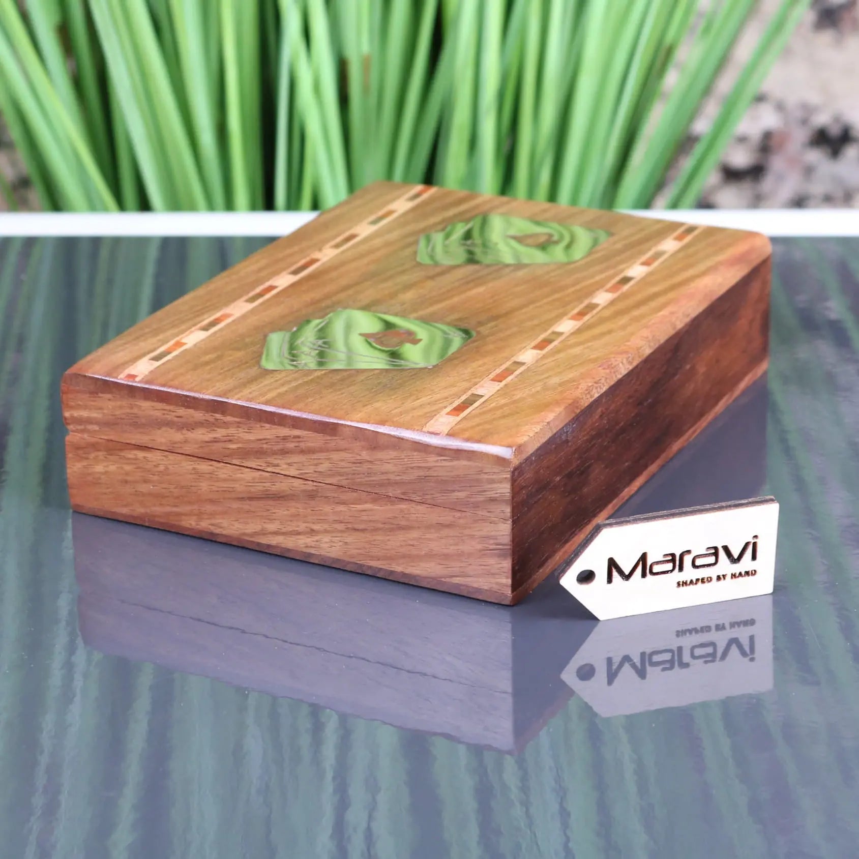 Handcrafted begunia double wooden playing card box in rich brown with green leaf inlays and striped lid accents