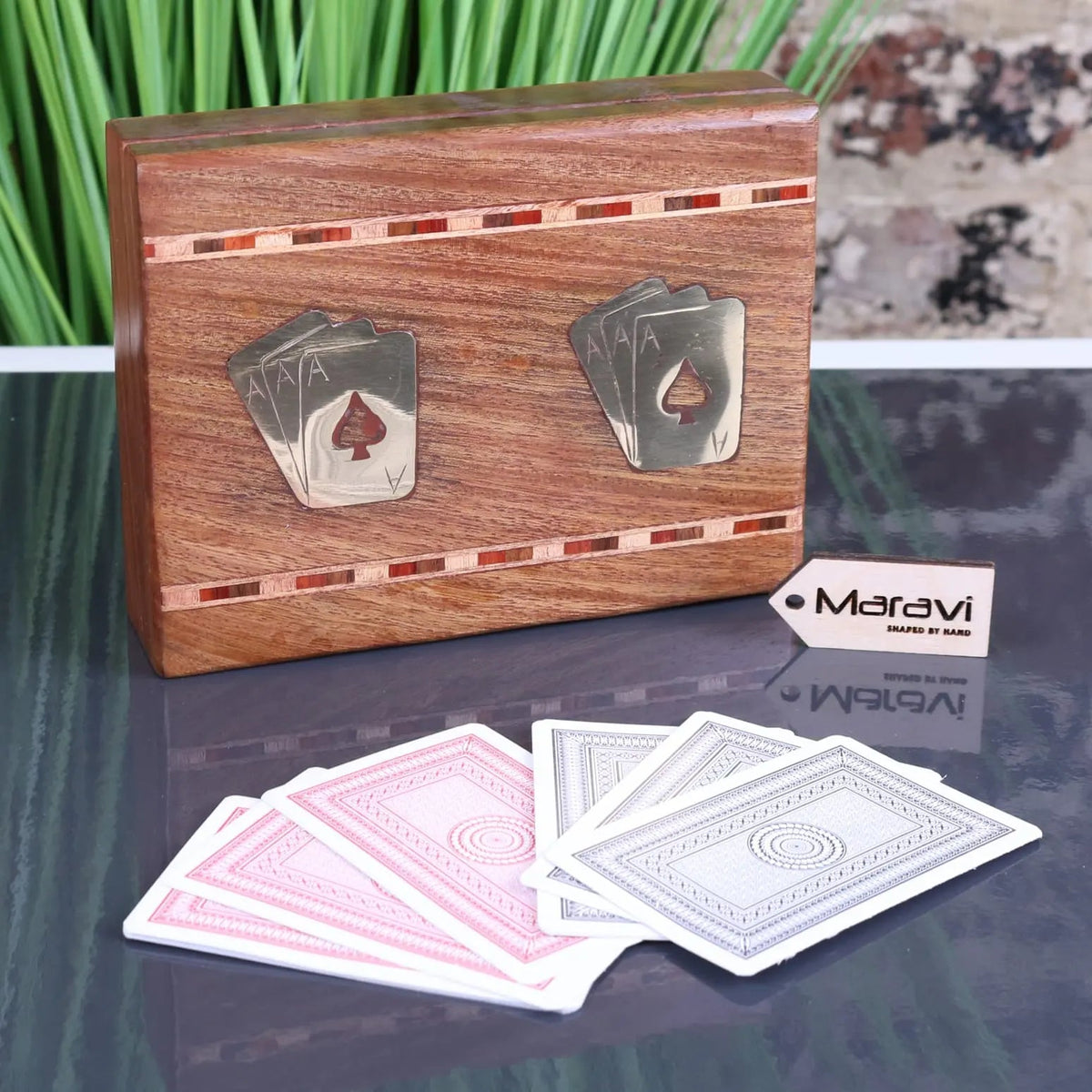 Begunia double wooden playing card box in polished wood with metal spade and ace inlay for storing playing cards
