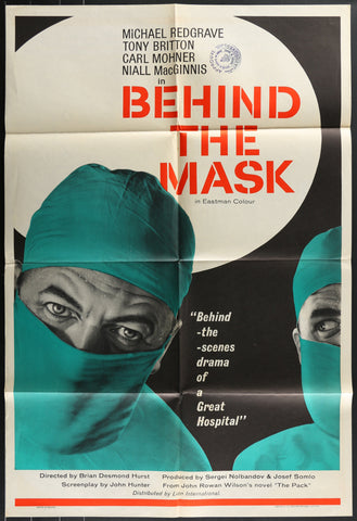 Vintage 1958 behind the mask movie poster with two surgeons in teal caps and bold red lettering on black and white background