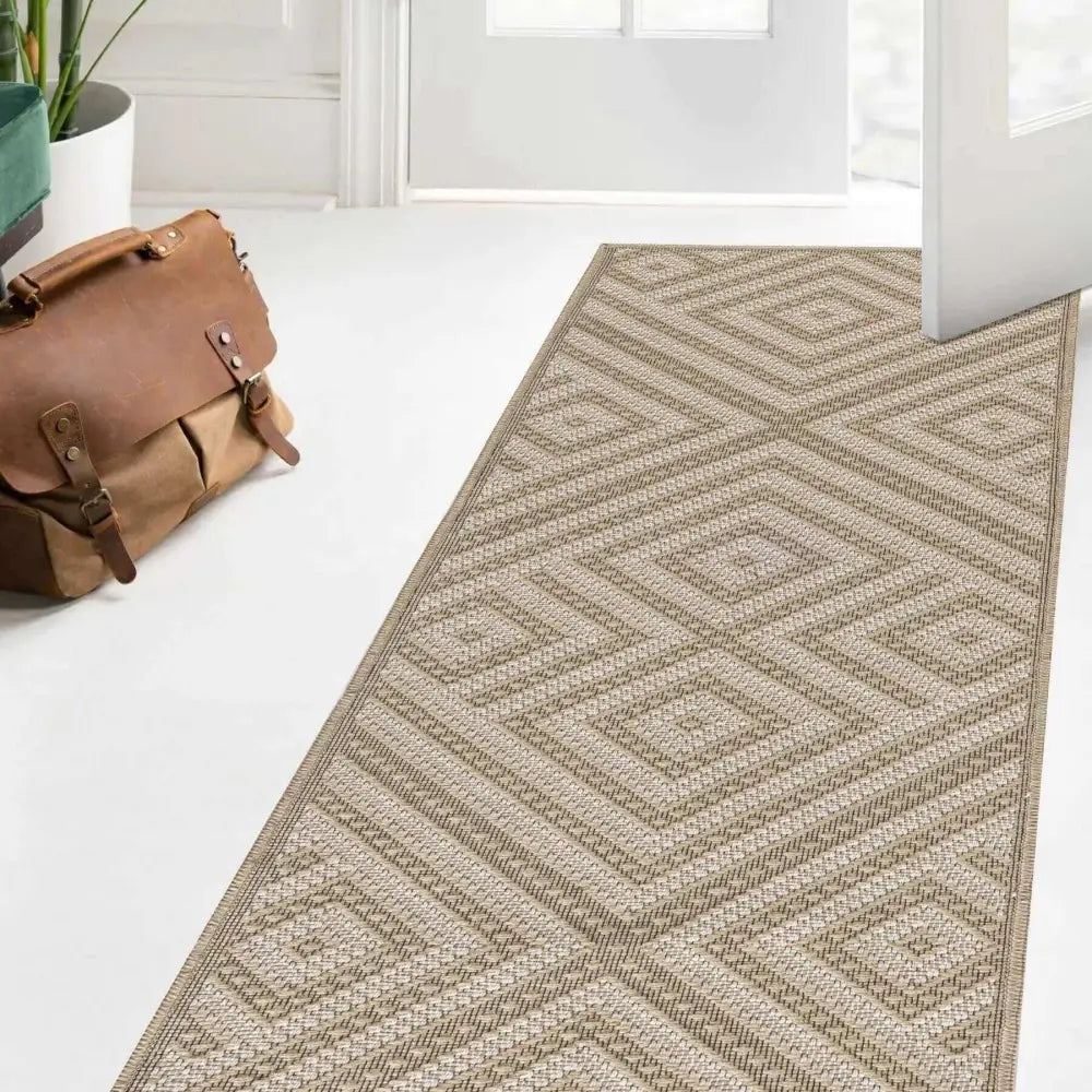 Beige Jute Looking Washable Rugs - 60X180 cm / GEO WHITE - Rugs