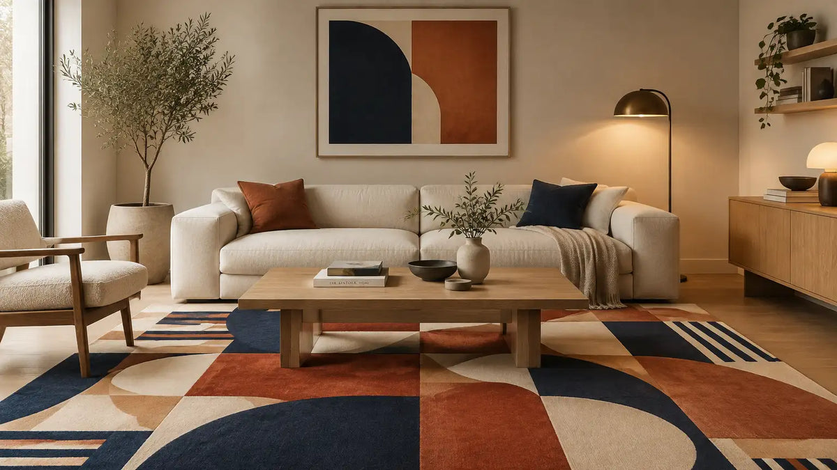 Beige sectional sofa with navy and rust throw pillows, draped in a textured beige blanket.