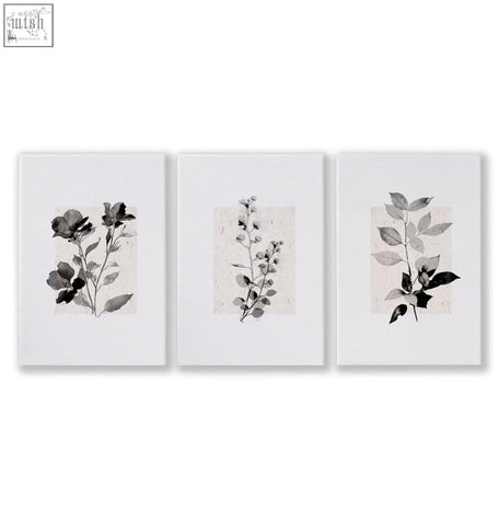 Set of three beige wall art botanical prints with monochrome ink illustrations on textured paper and simple frames