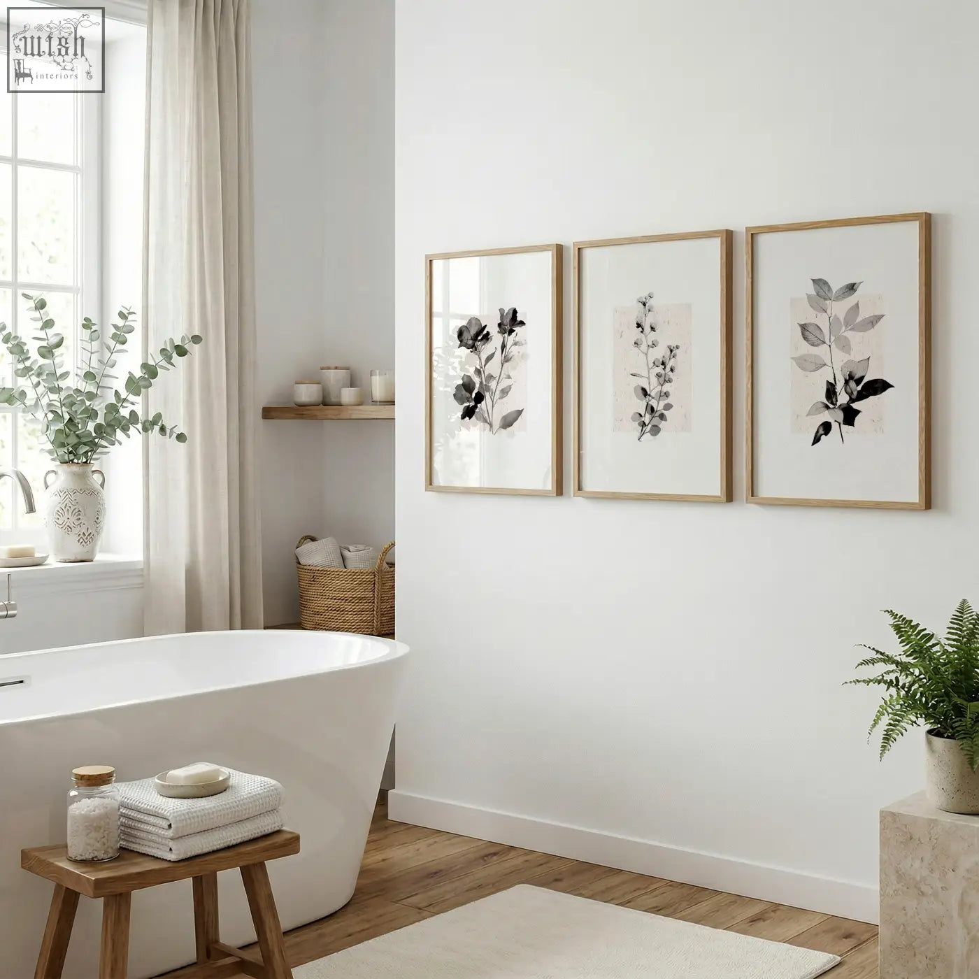 Three framed botanical wall art prints with black and grey leaf illustrations in light wood frames for beige wall decor