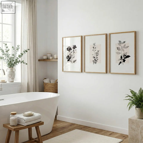 Three framed botanical wall art prints with black and grey leaf illustrations in light wood frames for beige wall decor