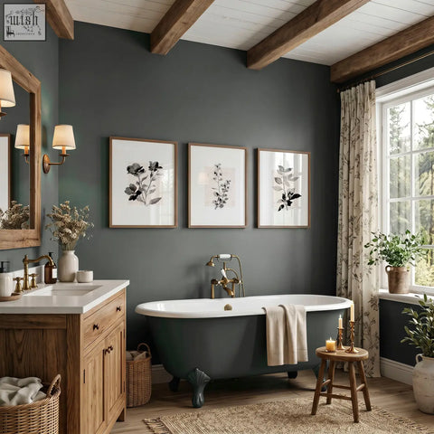 Dark green clawfoot bathtub with white interior and gold fixtures shown with beige wall art botanical pressed flower prints set of 3