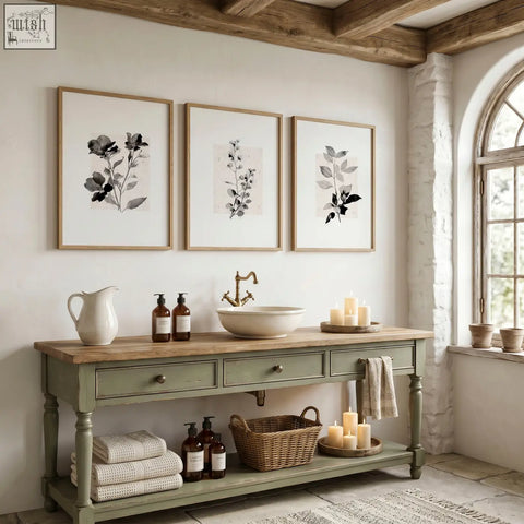 A sage green wooden vanity with matching countertop and drawers paired with beige wall art botanical prints set of 3