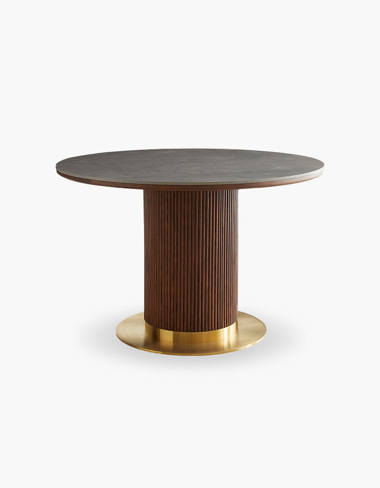 Bek round dining table with dark gray stone top and fluted walnut wood base with round dining style