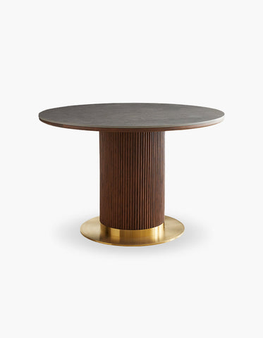 Bek round dining table with dark gray stone top and fluted walnut wood base with round dining style