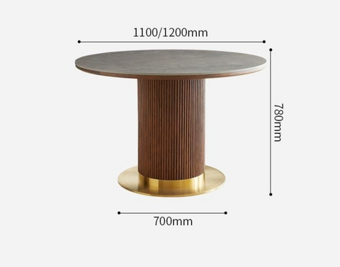 Bek round dining table with matte gray stone top, fluted walnut wood pedestal base, and polished brass foot round dining table