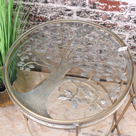 Belagavi gold round side table with circular glass top and intricate metallic tree of life design in gold finish