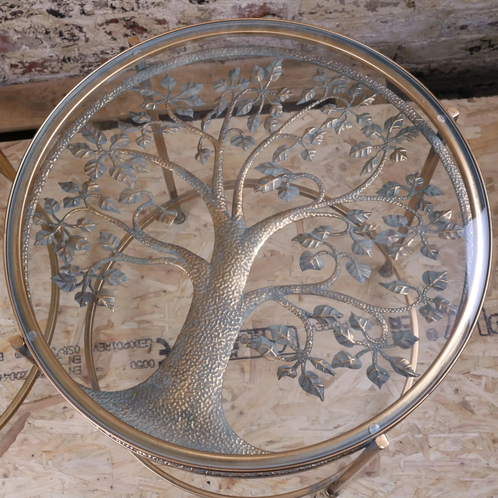 Circular belagavi gold round side table with metallic tree of life design and intricate silver gold leaf patterns