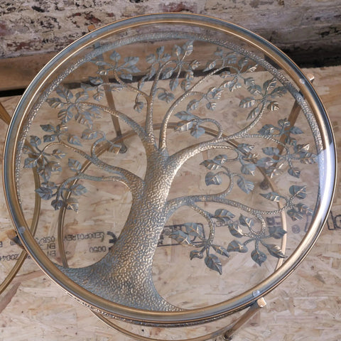 Circular belagavi gold round side table with metallic tree of life design and intricate silver gold leaf patterns