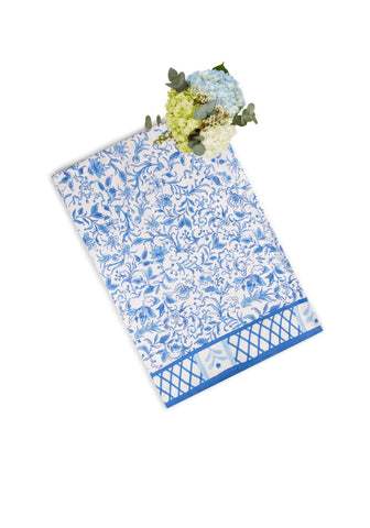 Blue and white patterned cotton kitchen towel with floral design and lattice border from belgravia bloom collection
