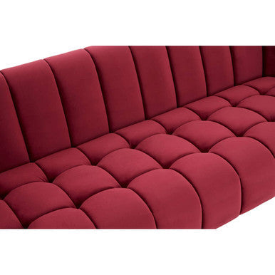 Deep red Bella 3 seat wine velvet sofa with tufted quilted cushions and a segmented backrest velvet sofa