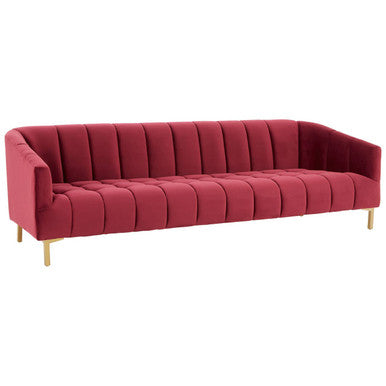 Bella 3 seat wine velvet sofa with plush burgundy velvet fabric tufted upholstery and slender gold-tone legs