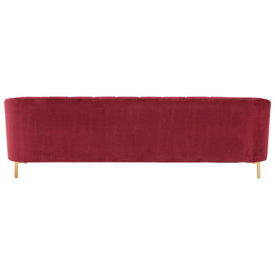 Bella 3 seat wine velvet sofa with deep red velvet upholstery tufted backrest and gold tone legs