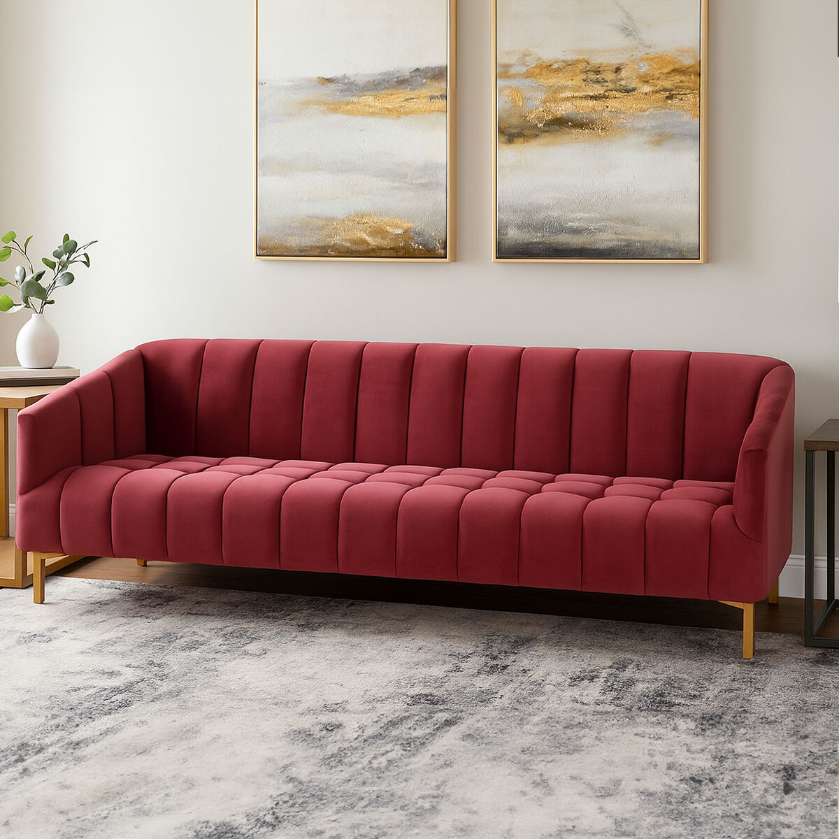Bella 3 seat wine velvet sofa with plush deep red tufted upholstery and gold tone legs wine velvet sofa
